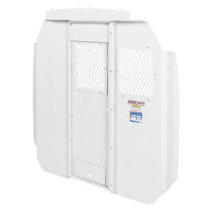 WEATHER GUARD 96312-3-01 BULKHEAD TRANSIT MID ROOF MESH; Full Bulkhead; Fixed Panel With Dog Door Converts To Door; With Door Pocket; With Mesh Window; White; Steel; Optional Hinge Kit Can Be Purchased To Convert To Locking Swing Door Version