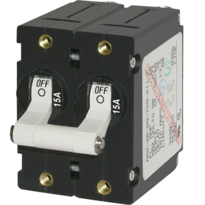 BLUE SEA 7235 CIRCUIT BREAKER AA2TOGGLE 15A WHT; 15 Amps/ 120/ 240 Volt AC/ 65 Volt DC; White; Double Pole Magnetic Hydraulic Type; Toggle Actuator; No 10-32 Screw Terminal; Single