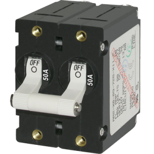 BLUE SEA 7242 CIRCUIT BREAKER AA2TOGGLE 50A WHT; 50 Amps/ 120/ 240 Volt AC/ 65 Volt DC; White; Double Pole Magnetic Hydraulic Type; Toggle Actuator; No 10-32 Screw Terminal; Single