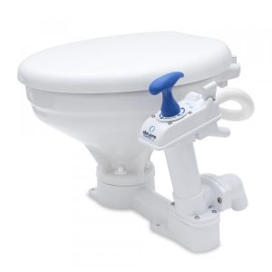 ALBIN 07-01-002 MARINE TOILET MANUAL COMFORT, Permanent; White Thermoplastic Softclose Seat With 14.4 In Seat Height; One Handle Flush Control; Manual Flush; White Vitreous Porcelain; 18-1/2 In Width x 19.3 In Depth x 13.4 In Height