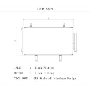 CSF 10945 Air Conditioner Condenser; OE Replacement; 28 In Length x 15-1/5 In Width x 1/2 In Thick Core Dimensions; Parallel Flow; Aluminum; Block Fitting Inlet/ Outlet