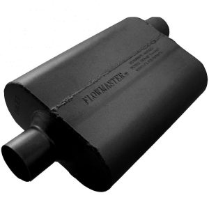 FLOWMASTER 42542 Exhaust Muffler; 40 Series Original; 9-1/2 Inch Width x 4 Inch Height Oval Aluminized Steel Case; Single 2-1/2 Inch Center Inlet; Single 2-1/2 Inch Offset Outlet; 13 Inch Body/ 19 Inch Overall Length; Painted; Black