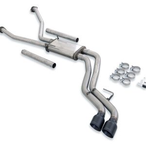 FLOWMASTER 718143 Exhaust System Kit; FlowFX Cat-Back System; 409S Stainless Steel; With Muffler; 2-1/2 Inch Tube Diameter; Dual Exhaust With Dual Exit; Single Out Side Exit; 4 Inch Round Angle Cut Ceramic Black Stainless Steel Tip