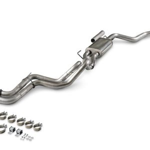 FLOWMASTER 718173 Exhaust System Kit; FlowFX Cat-Back System; 409 Stainless Steel; With Muffler; 3 To 2-1/2 Inch Pipe Diameter; Single Exhaust With Dual Exit; Dual Out Side Exit; 4 Inch Double Wall Angle Cut Black Ceramic SS Tips