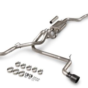 FLOWMASTER 718174 Exhaust System Kit; FlowFX Cat-Back System; 409 Stainless Steel; With Muffler; 3 To 2-1/2 Inch Pipe Diameter; Single Exhaust With Dual Exit; Dual Out Rear Exit; 4 Inch Double Wall Angle Cut Black Ceramic Stainless Steel Tips