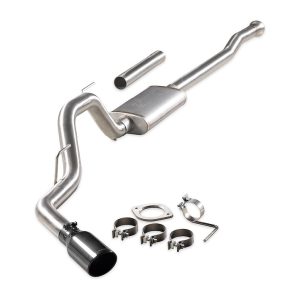FLOWMASTER 738115 Exhaust System Kit; Signature Series Cat-Back System; 304 Stainless Steel; With Muffler; 3 Inch Pipe Diameter; Single Exhaust With Single Exit; Single Exit; 4-1/2 Inch Round Rolled Angle Cut Black Chrome Stainless Steel Tip