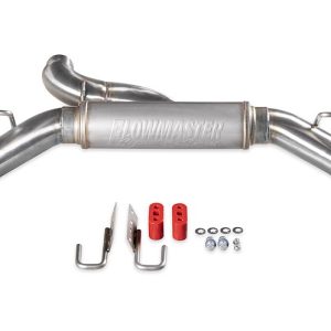 FLOWMASTER 738123 Exhaust System Kit; Signature Series Cat-Back System; 304 Stainless Steel; With Muffler; 3 Inch Pipe Diameter; Single Exhaust With Dual Exit; Dual Split Rear Exit; 4 Inch Round Rolled Angle Cut Black Chrome SS Tips