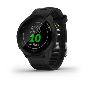 GARMIN 010-02562-00 FORERUNNER 55 BLACK, Sport Watch; 1.04 In Transflective Memory-In-Pixel Color Display; 208 x 208 Pixels Resolution; 20 mm QuickFit Band; Black Silicone Band; Chemically Strengthened Glass Lens; 5 ATM Water Rating