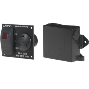 JOHNSON PUMP 72303-001 BILGEALERT HI WTR ALRM W/ULTIMA 12V, Detects Water And Sends Signal (3 Seconds Delay) To The Alarm And Switch Conveniently Mounted On A Panel; 100 Decibel; 12 Volt; 20 Amp Current Draw; Black; ISO 8846 Compliance