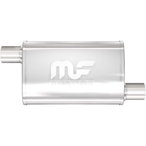 MAGNAFLOW 11236 Exhaust Muffler; 9 Inch Width x 4 Inch Height Oval Stainless Steel Case; Single 2-1/2 Inch Offset Inlet; Single 2-1/2 Inch Offset Outlet; 14 Inch Body/ 20 Inch Overall Length