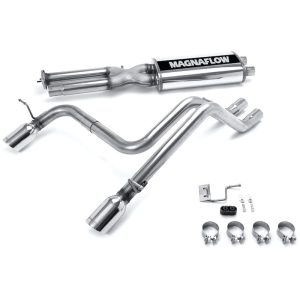 MAGNAFLOW 16673 Exhaust System Kit; Exhaust System Kit Cat-Back System; Stainless Steel; With Muffler; 3 Inch To 2-1/2 Inch Pipe Diameter; Dual Exhaust With Dual Exit; Split Rear Exit; 4 Inch Rolled Edge Angle Cut Stainless Steel Tip