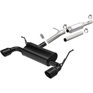 MAGNAFLOW 19327 Exhaust System Kit; MF Series Cat-Back System; 409 Stainless Steel; With Mufflers; 2-1/2 Inch Pipe Diameter; Single Exhaust With Dual Exit; Split Rear Exit; 4 Inch High Temperature Satin Black Coated Stainless Steel Tips