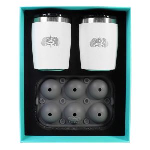 TOADFISH 1119 NON-TIPPING 10OZ WHITE ROCKS TUMBLERS W/ICE BALL TRAY - 2 TUMBLERS