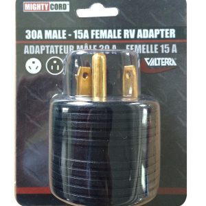 VALTERRA 03015ARDVP 30AM-15AF PLUG RND CARD; For Connecting RV Power Inlet To Standard Power Source; 30 Amp Male To 15 Female; 30 Amp; Round; Non Locking; Not Waterproof; Without Lighted Ends; Without Handle; With Retail Package