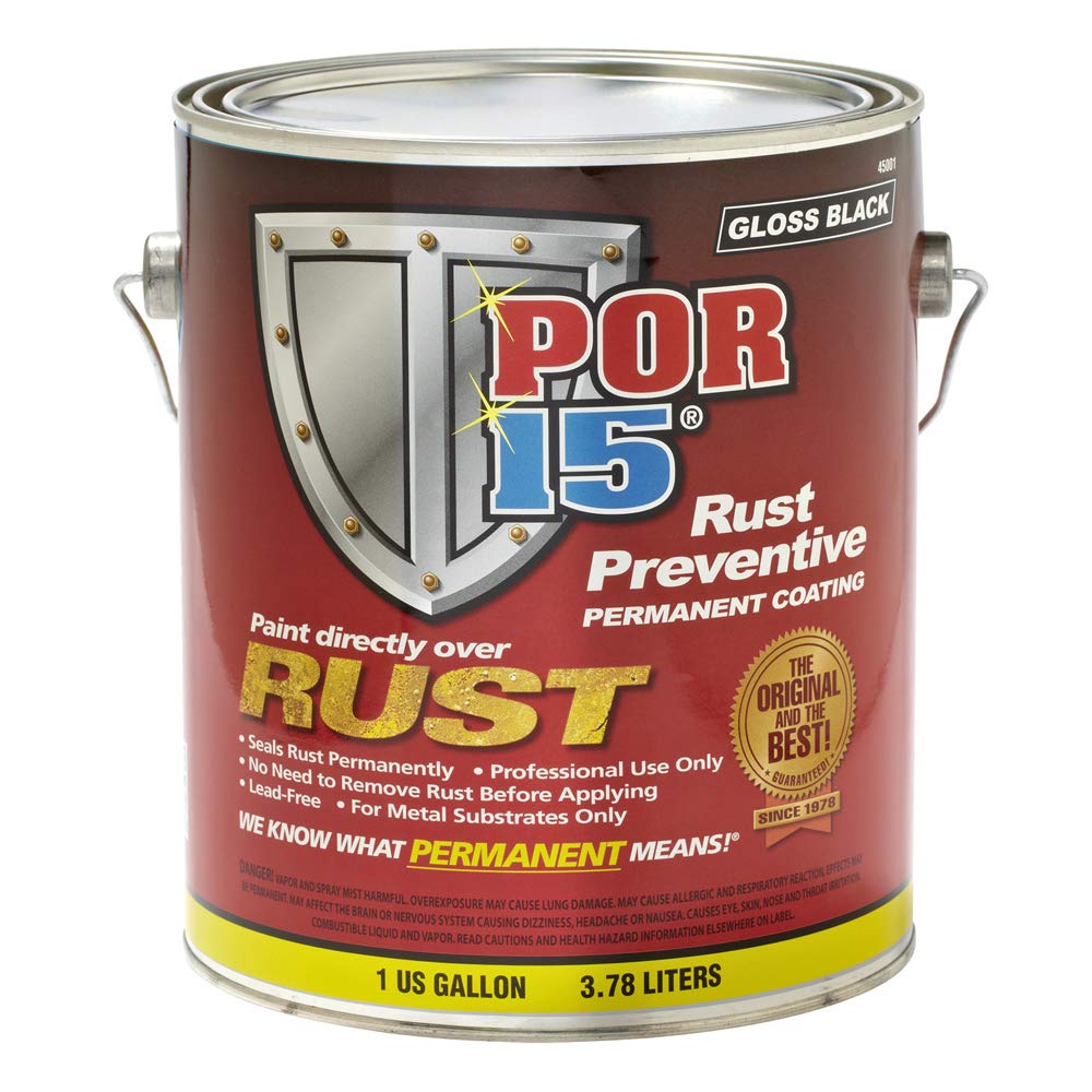 POR 15 45001 Rust Treatment; Used To Destroy Old Rust And Prevent New Rust Forming For Automotive/ Industrial/ Marine/ Garage Floors/ Roofs/ HVAC Pipes/ Beams/ Home Appliances; 1 Gallon Can; Brush-Top; Single; Gloss Black