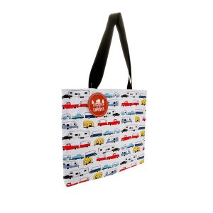 CAMCO 53203 LIBATC TOTE BAG RV DESIGN; Tote Style; With 1 Interior Pocket; With Magnetic Closure; With 2 Carry Handles; With RV Pattern; White