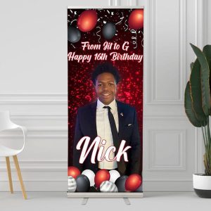 Balloon Red Custom Retractable 16Th Birthday Banner - 24X62 Inch