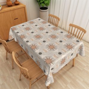 Beige Black Circle Line Pattern Rectangle Tablecloth - 52x70 Inch