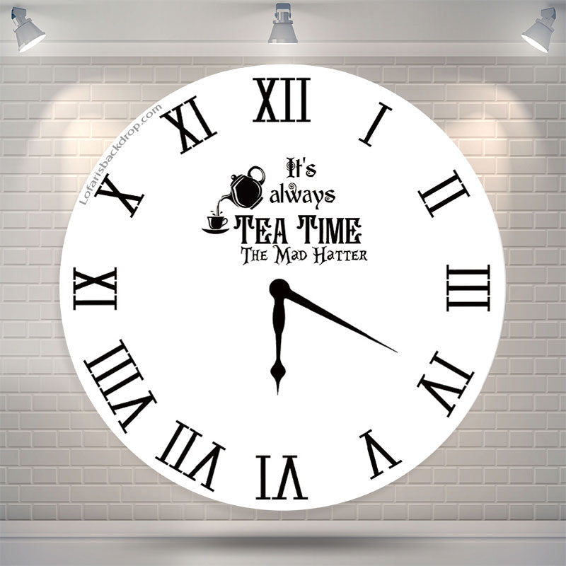 Black White Tea Time Round Clock Backdrop Cover - Microfiber Cloth / Diameter 6.5Ft/79inch/2M