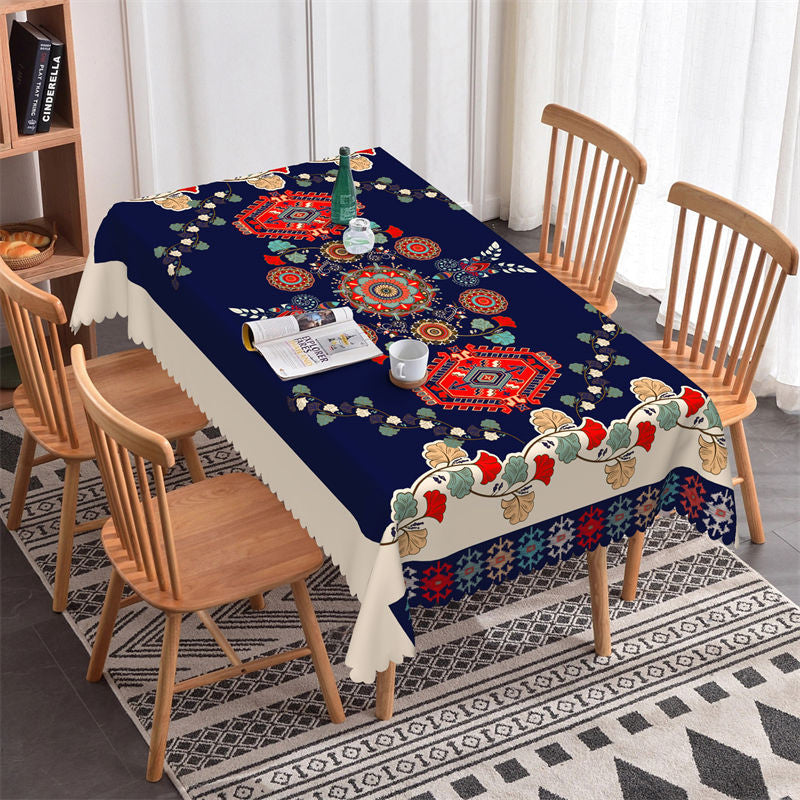 Boho Gingkgo Red Dark Blue Rectangle Tablecloth - 52x70 Inch