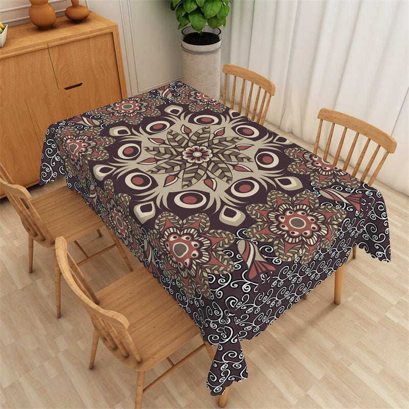 Brown Mandala Floral Pattern Tablecloth For Dining - 52x70 Inch