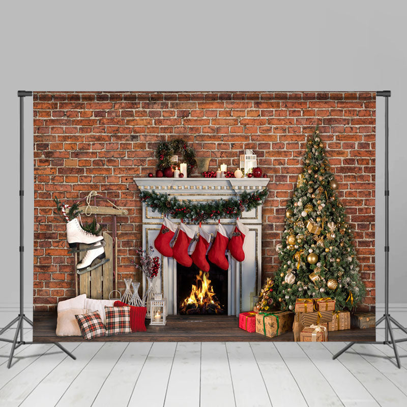 Christmas Tree Socks Fireplace Bricks Theme Backdrop - 5X3FT(1.5X1M)