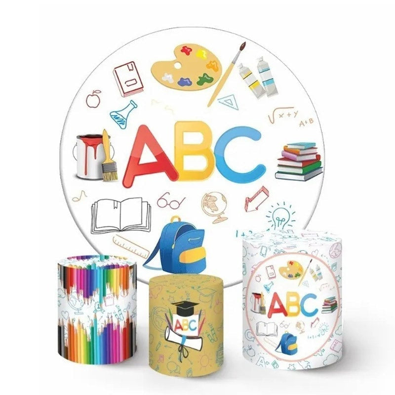 Circle Abc Pattern White Graduation Day Backdrop Kit - Only Round Backdrop / Diameter 5Ft/60inch/1.5M