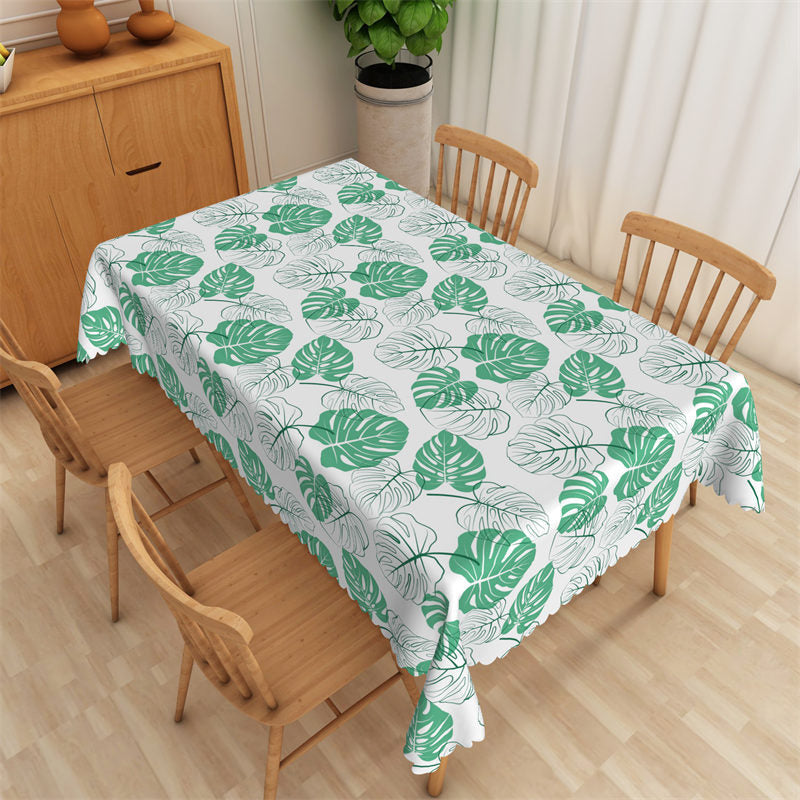 Classy Tropical Monstera Pattern White Tablecloth - 52x70 Inch