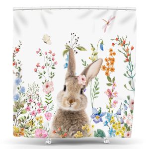 Colorful Flowers Rabbit Easter Spring Shower Curtain - 48x72inch