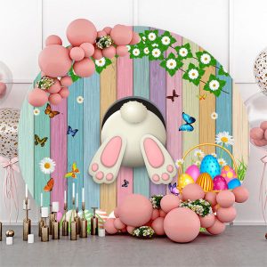 Colorful Wood And Eggs Rabbit Round Easter Backdrop - Microfiber Cloth / Diameter 5Ft/60inch/1.5M