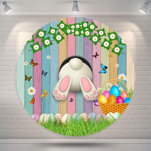 Colorful Wood And Eggs Rabbit Round Easter Backdrop - Microfiber Cloth / Diameter 6.5Ft/79inch/2M