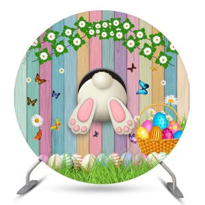 Colorful Wood And Eggs Rabbit Round Easter Backdrop - Microfiber Cloth / Diameter 6Ft/72inch/1.8M