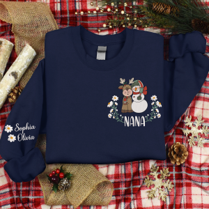 Custom Embroidered Reindeer Snowman Sweatshirt - Navy / S