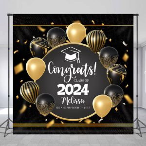 Custom Gold Black Balloon Ribbon Graduation Backdrop - 6X6FT(1.8X1.8M)