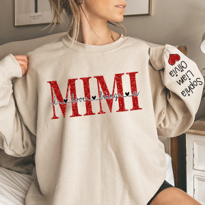 Custom Mimi Glitter Red Letters Simple Sweatshirt - Sand / S