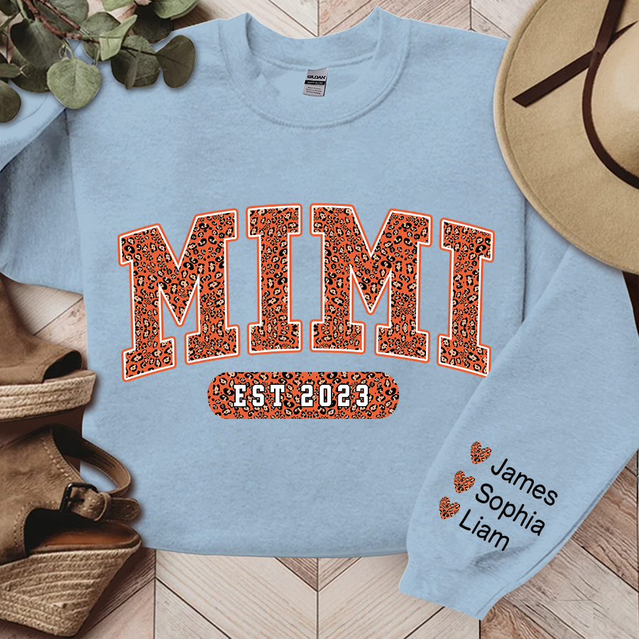 Custom Name Mimi Est Leopard Autumn Fall Sweatshirt - Light Blue / S