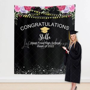 Custom Pink Flower Graduation Backdrop Banner - 5X3FT(1.5X1M)