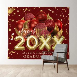Custom Red Golden Ribbon Glitter Balloon Grad Backdrop - 5X3FT(1.5X1M)
