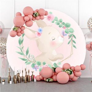 Cute Rabbit Custom Pink Round Baby Shower Backdrop - Diameter 3Ft/40inch/1M