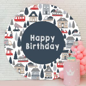 Disc House Patterns Round Happy Birthday Backdrop - Diameter 7.2Ft/86inch/2.2M