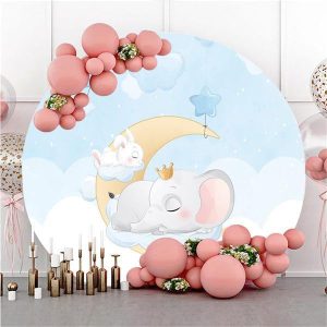 Elephant And Rabbit Blue Round Baby Shower Backdrop - Diameter 3Ft/40inch/1M