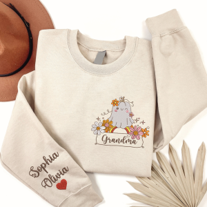 Embroidered Boo Flower Custom Grandma Sweatshirt - Sand / S