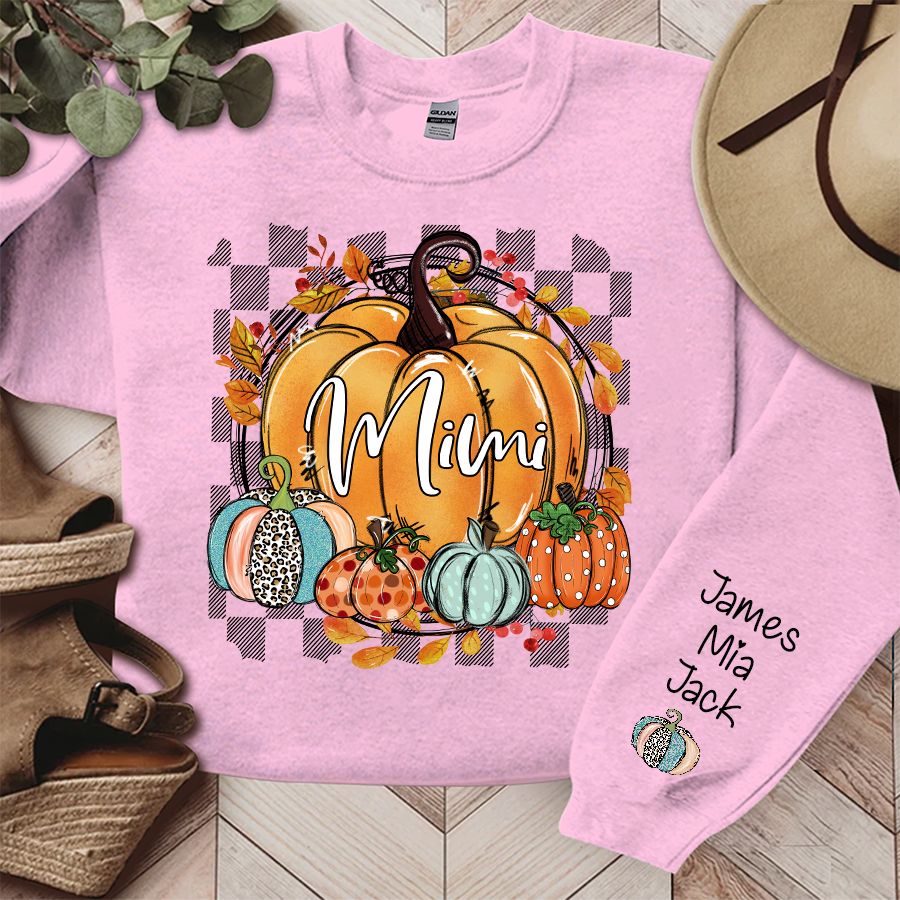 Fall Flower Pumpkins Mimi Custom Name Sweatshirt - Light Pink / S