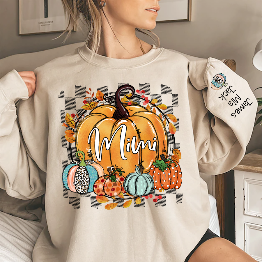 Fall Flower Pumpkins Mimi Custom Name Sweatshirt - Sand / S