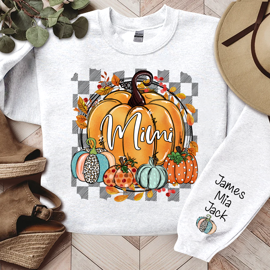 Fall Flower Pumpkins Mimi Custom Name Sweatshirt - White / S