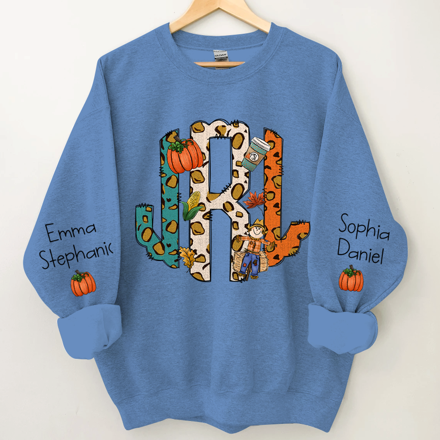 Fall Monogram Leopard Pumpkin Custom Sweatshirt - Carolina Blue / S