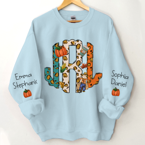 Fall Monogram Leopard Pumpkin Custom Sweatshirt - Light Blue / S