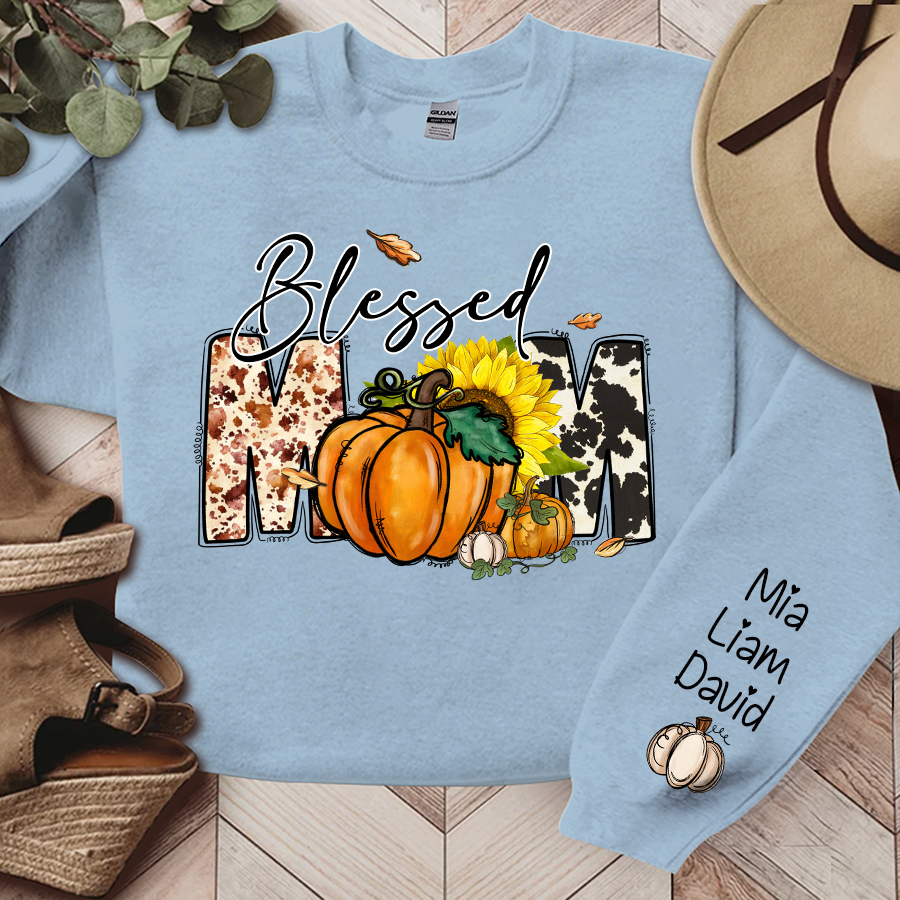 Fall Pumpkin Sunflower Blessed Mom Custom Sweatshirt - Light Blue / S