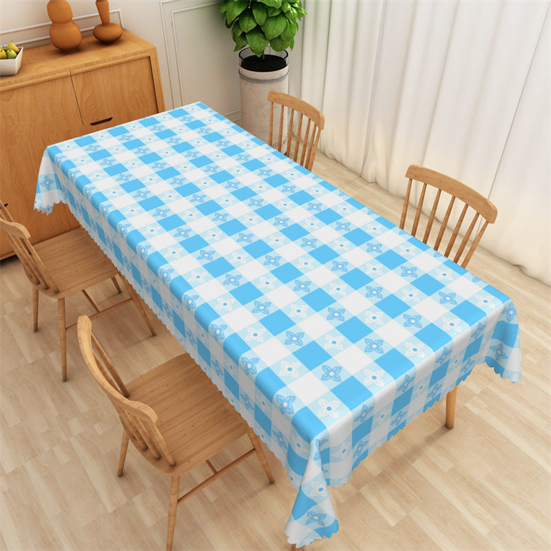 Flower Repeat Blue White Plaid Rectangle Tablecloth - 52x70 Inch