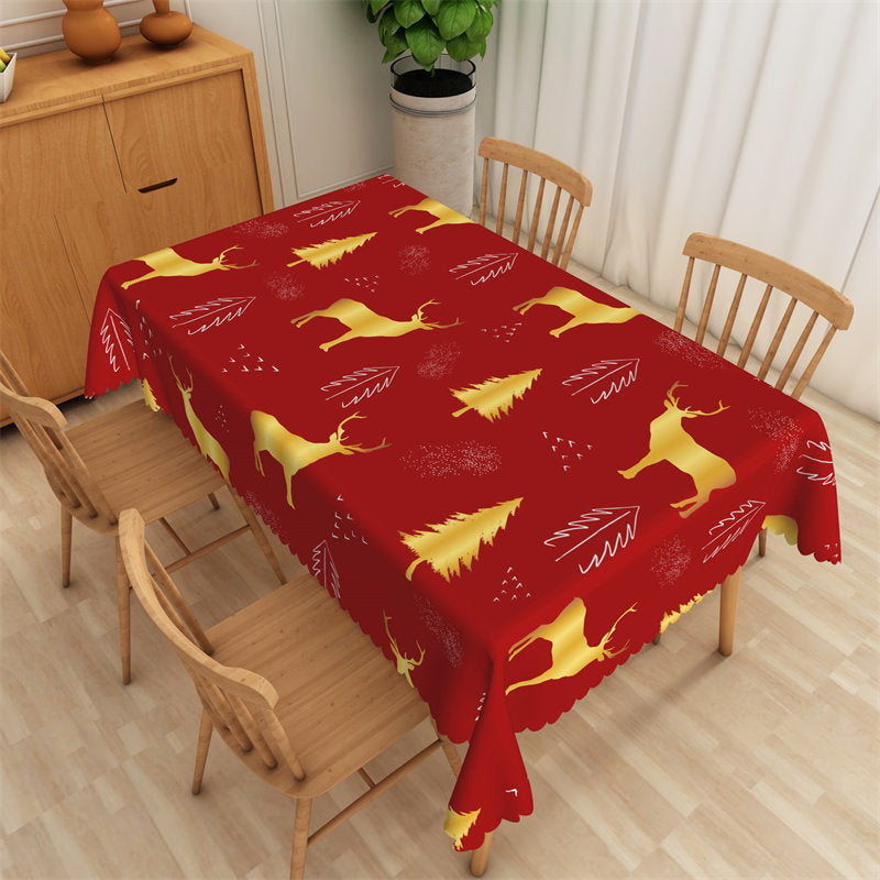 Gold Pine Tree Deer Pattern Repeat Dining Tablecloth - 52x70 Inch